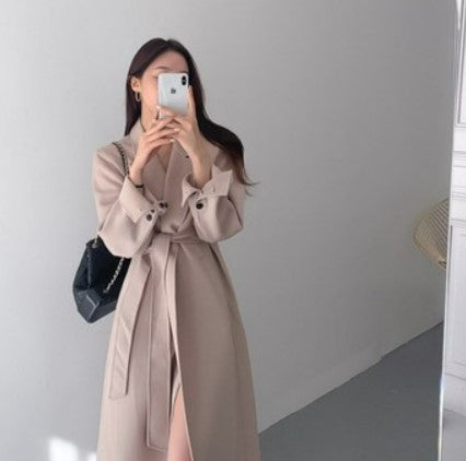 Korean chic winter style French elegant temperament mid-length bandage waist waist is thin and simple woolen coat coat women