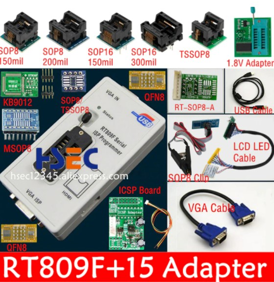 Original RT809F Serial ISP Programmer with adapters +1.8v adapter+SOP8 test clip+EDID cable +ICSP bios universal programmer