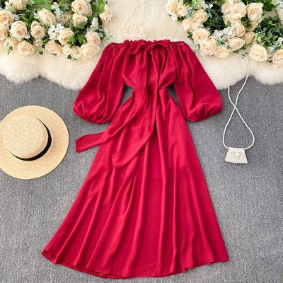 Spring new seaside holiday dress goddess fan sweet fungus side neckline off-the-shoulder puff-sleeved long skirt