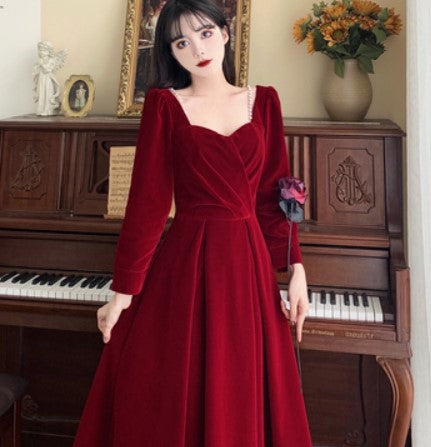 Large size velvet dress women's autumn and winter new loose fat MM waist and thin square collar mid-length dress A-line skirt