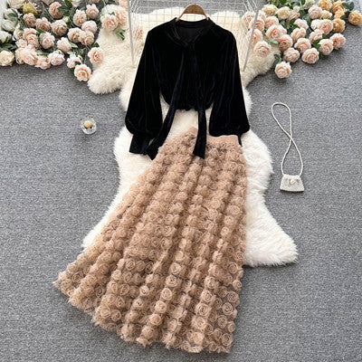 Korean version of the three-dimensional flower high waist slim skirt loose puff sleeve velvet top sweet suit skirt two-piece set