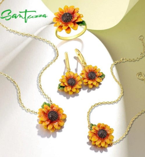 SANTUZZA Jewelry Set for Women 925 Sterling Silver Sunflower Pendant Earrings Ring Bracelet Set Fine Jewelry Handmade Enamel