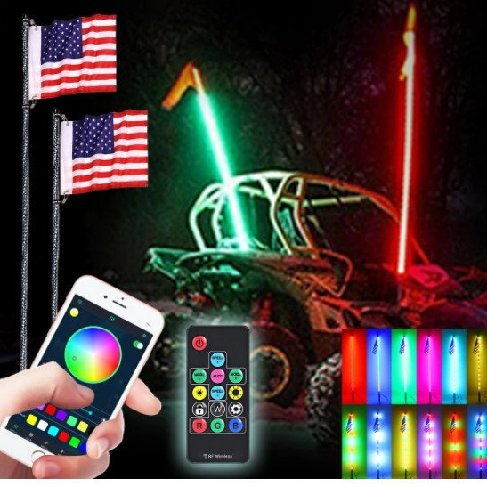 1/2PCS Lighted Spiral LED Whip 4/5ft Antenna w/Flag &Remote 300 LED Flagpole Lamp APP,bluetooth, Remote Control For Jeep ATV UTV