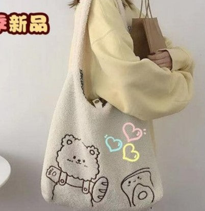 Korean version of ins college style autumn and winter cute cartoon plush shoulder bag chic student handbag shopping bag female