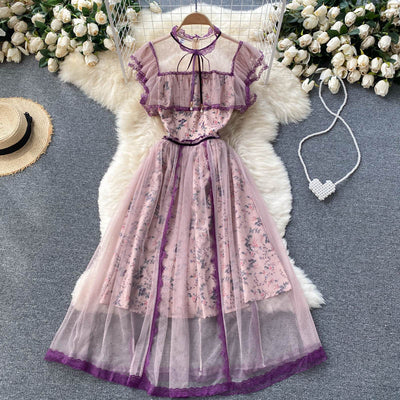 Palace style dress 2021 new summer dress goddess Fan Xinji see-through mesh mid-length floral fairy skirt