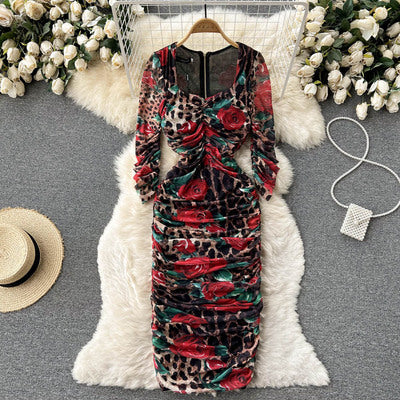 Elegant temperament print feminine waist bag hip square neck dress dress slim slim pleated all-match long skirt