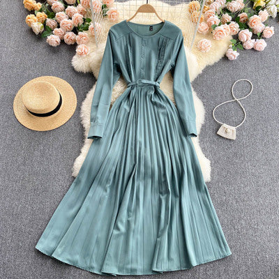 Light and mature women's clothing temperament round neck buttoned slim long heavy industry pleated dress 2021 new spring long sleeves