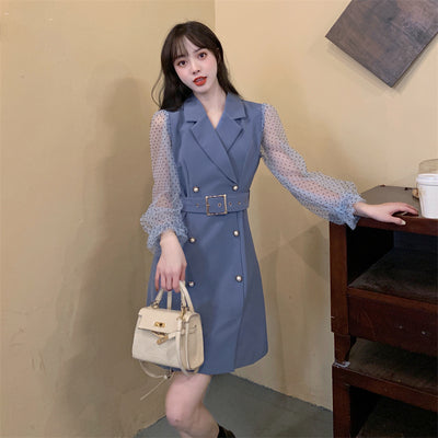 Large size women's clothing fat MM mesh stitching suit collar long-sleeved dress women's spring new waist and slim A-line skirt