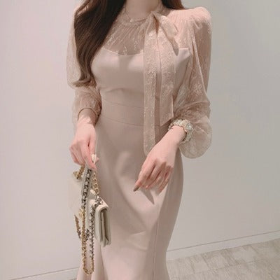 Korean chic French-style gentle temperament streamer mesh stitching waist-receiving thin bag-hip fishtail dress women's long skirt