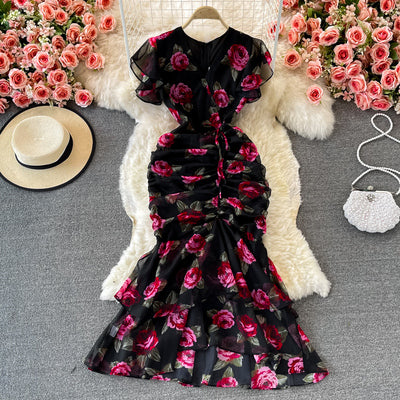 Summer ruffled waist slim temperament lady V-neck bag hip fishtail chiffon dress fashion dress skirt