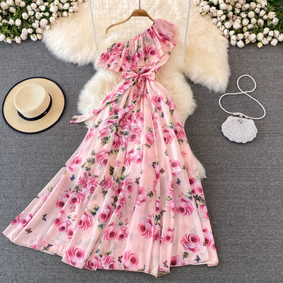 Seaside vacation big swing dress fashion super fairy slanted collar unilateral off-shoulder lotus leaf high waist slim print dress