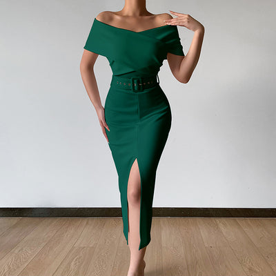 instahot french v-neck dress waist slimming careful machine off-the-shoulder slim temperament niche slit skirt