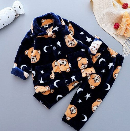 Children's coral fleece pajamas set autumn and winter thickened warm pajamas boys and girls cartoon home service two-piece suit