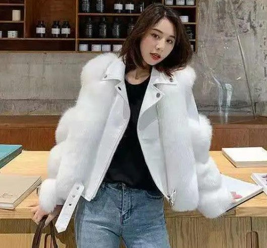 Faux Fox Fur Coats Women Winter Motorcycle Pu Leather Turn Down Collar Warm Jackets Warm Outwear Luxury Female 2021 Overcoat