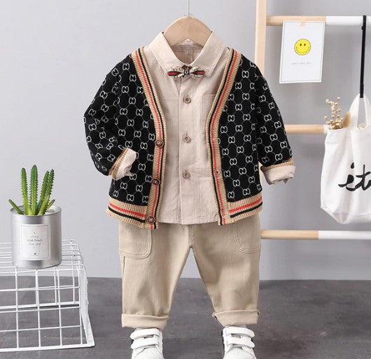 Fashion Spring Autumn Children's Suit Baby Boys Clothes Set Girls Cotton Knitting Coat+Shirt+Pants 3Pcs Casual Outfit Clothing