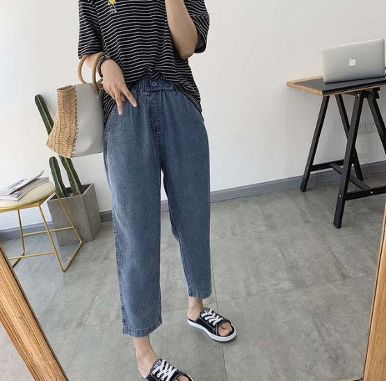 Summer Ultra-Thin Jeans Women's Elastic Waist Loose Korean-Style Slimming Large Capri Straight Harlan Dad Pants