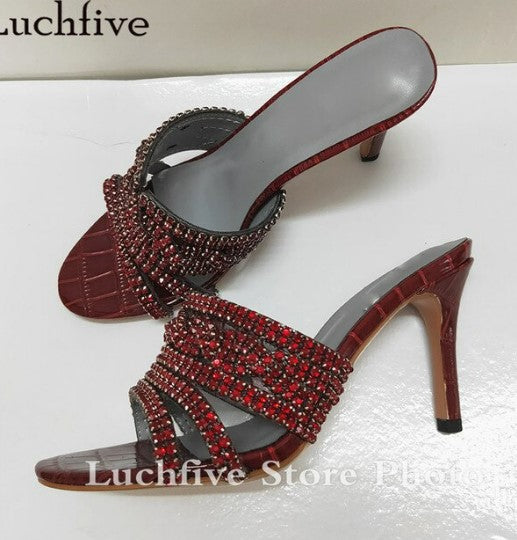 Sexy Rhinestones High Heels Slippers Open Toe Sandals Fashion Ladies Shoes Plus Size Gold Crystal Women Slippers
