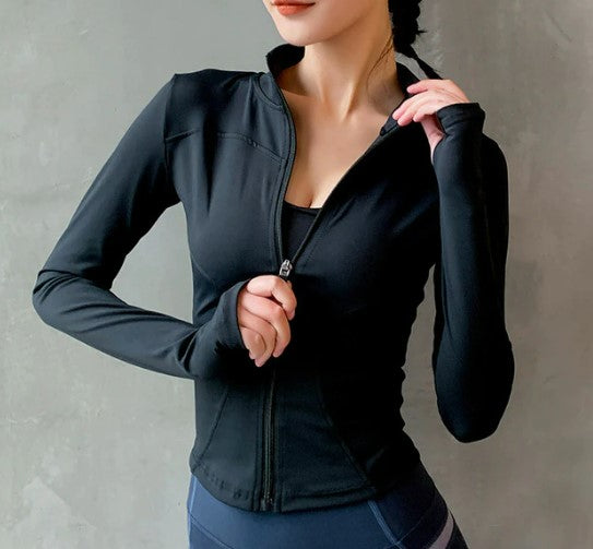 Women Sport Jacket Zipper Yoga Coat Clothes Quick Dry Fitness Jacket Running Hoodies Thumb Hole Sportwear Gym Workout Hooded Top