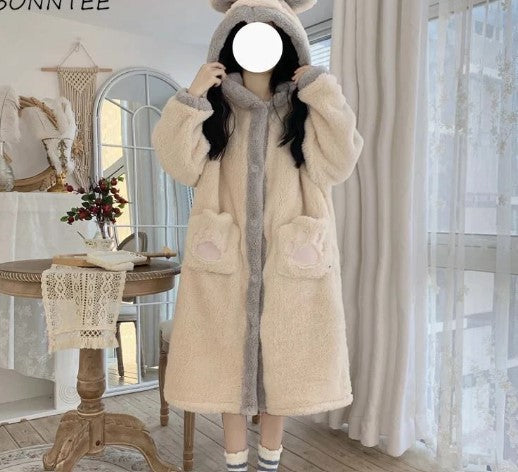 Robes Womens Winter Korean Style Ins Loose All-match Kawaii Lounge Chic Female Soft Warm Leisure Daily Fashion Tender Patchwork