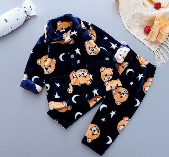 Children's coral fleece pajamas set autumn and winter thickened warm pajamas boys and girls cartoon home service two-piece suit
