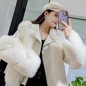 Faux Fox Fur Coats Women Winter Motorcycle Pu Leather Turn Down Collar Warm Jackets Warm Outwear Luxury Female 2021 Overcoat