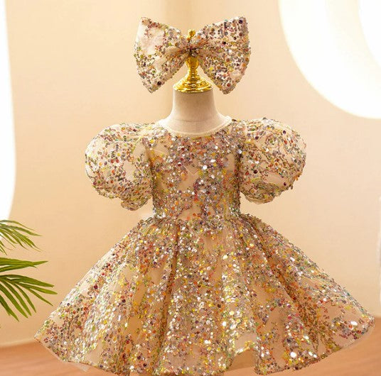 Child Girls Evening Dresses Champagne Gold Luxury 2022 Birthday Party Gown Sequin Pageant Formal Dress Teen Wedding Prom Frock