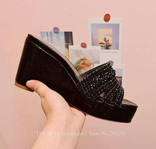 Fashion Brand Crystal Wedge Slides Women Blingbling Open Toe Flat Platform Party Sandals Height Increase Formal Summer Slippers