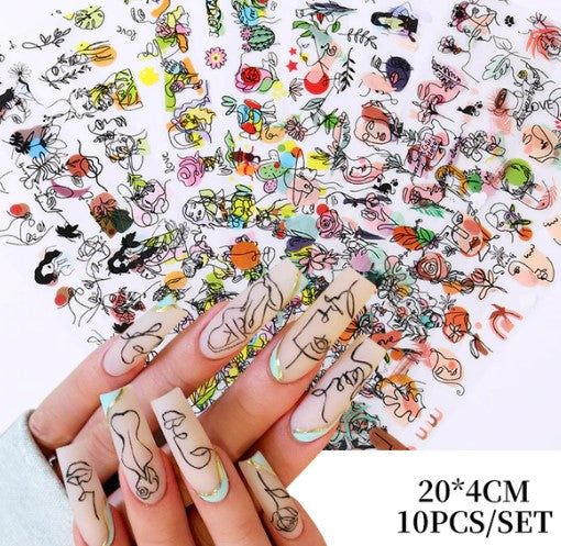 10Pcs/Set Nail Foils Abstract Image Face Blue French Tips Nail Transfer Paper Wraps Adhesive Decals Manicure Nail Decorations