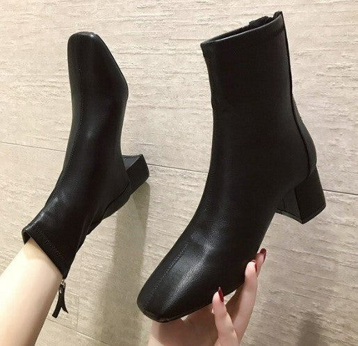 5cm Heel Women Autumn Ankle Boots Square High Heels Female Round Toe PU Leather Boots Ladies Casual Slip On Woman Shoes