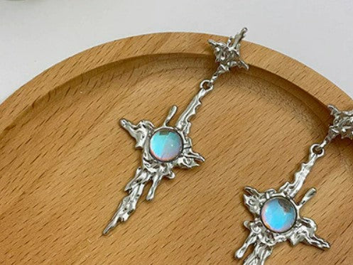 Irregular Liquid Metal Cross Moonstone Dangle Earrings Young Girl Trend Metal Cross Moonstone Drops Earrings Jewelry Wholesale