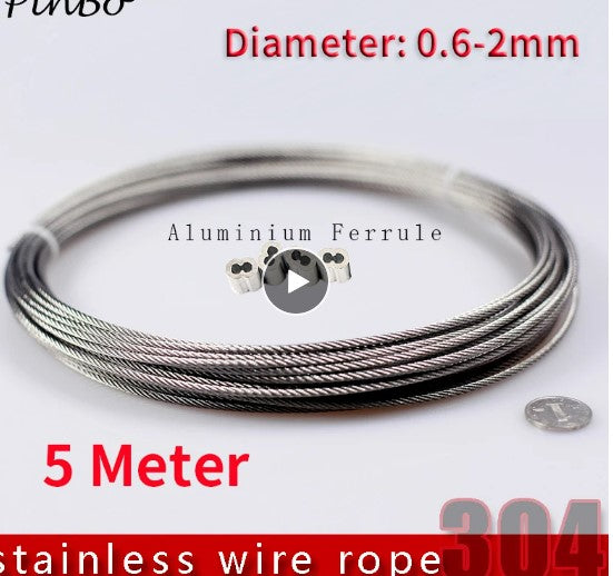 5 Meter 0.6mm 0.8mm 1mm 1.2mm 1.5mm 2mm 304 Steel Wire Rope Cable Clothesline Rustproof 304 Stainless Steel 7*7