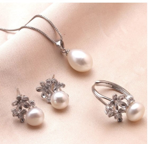 Fashion bridal wedding freshwater flowers pearl jewelry sets for women 925 silver, hot selling natural pearl jewelry sets