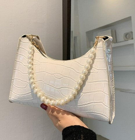 Women Shoulder Bags Fashion Pearl Retro Armpit Bag PU Leather Crocodile Pattern Handbag Female Casual Underarm Bag Clutch