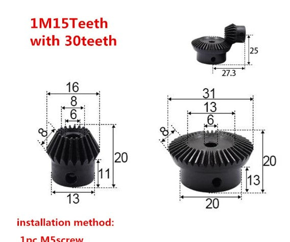 2pcs 1:2 Bevel Gear 1Modulus 15Teeth + 30teeth Inner Hole 6mm 90 Degree Drive Commutation Steel Gears Steel Gears Screw M5