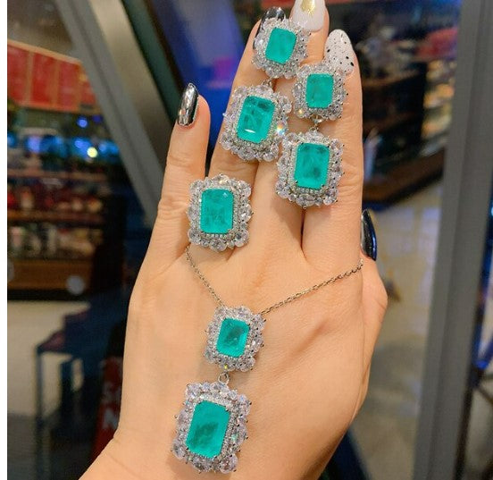 2022 New Paraiba Tourmaline Necklace Pendant Ring Earrings for Women Luxury Diamond Wedding Party Fine Jewelry Set Accessories