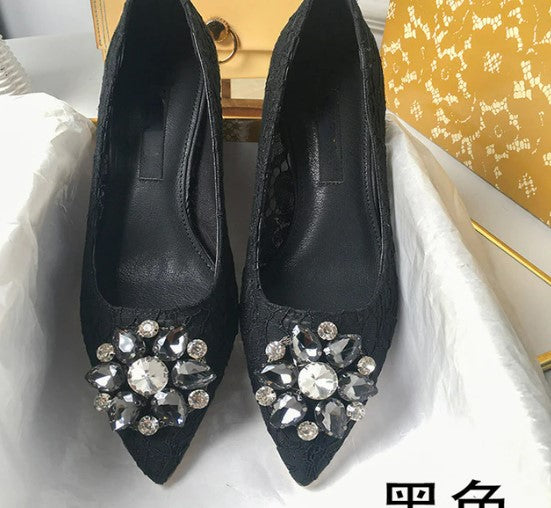 2022 Autumn Lace Pointed High Heel Net Yarn Breathable Rhinestone Flat Fine Heel Women's Single Shoes