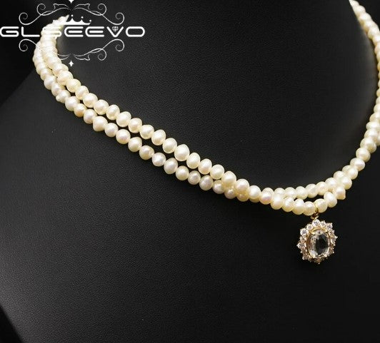 GLSEEVO Elliptic Shining Zircon Freshwater Pearl Double Necklace French Fashion High Charm Women Luxury Jewelry Gift GN0424