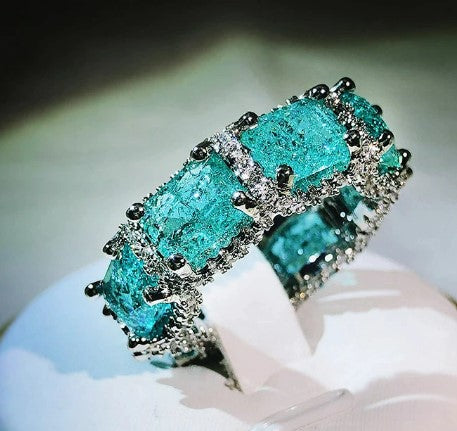 925 silver high-definition Paraiba zircon jewelry heavy industry inlaid aquamarine topaz ring women's party birthday gift