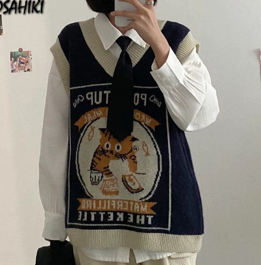 KOSAHIKI Sweater Vest Women Kawaii Cat Waistcoat Streetwear Knitting Chic Fashion College All-match Harajuku Y2k Vests Chandails