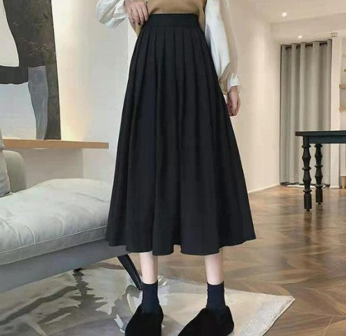 Lucyever Fashion High Waist Pleated Skirt Women Korean Elegant College Style Midi Skirt Ladies Autumn Winter Thick A-line Skirts