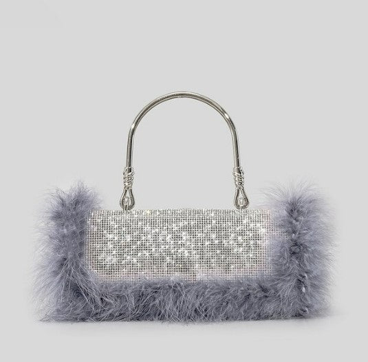 Luxury Ostrich Feathers Diamonds Evening Bags Rhinestone Women Handbag Faux Fur Shoulder Crossbody Bag Glitter Party Small Purse