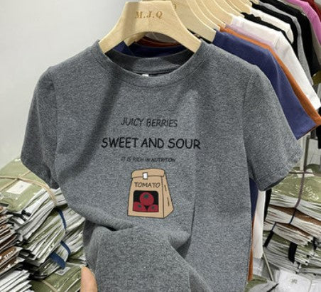 Front shoulder brushed short-sleeved t-shirt women's loose casual all-match cotton top summer style niche design spring autumn winter