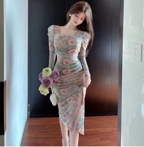 2023 autumn and winter new temperament celebrity floral skirt elegant slim fit slimming design sense niche dress dress female