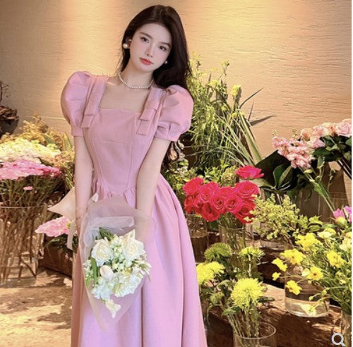 Internet celebrity French style gentle wind sexy puff sleeve dress summer new temperament waist slimming big swing A-line skirt