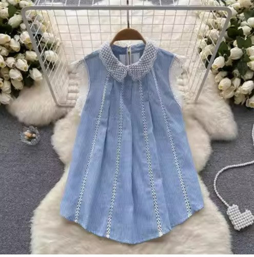 Sweet French style small flying sleeve shirt women's summer casual loose lace lace crochet chic retro plaid top