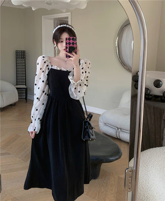 Large size French retro one-word collar splicing mesh long-sleeved dress 2023 autumn new sweet long skirt women