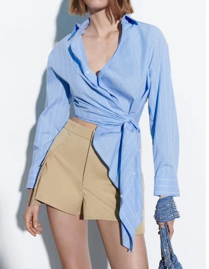 New Fashion Casual Women's Versatile Polo Long Sleeve Asymmetric Hem Panel Striped Shirt