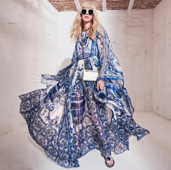 Menahem Summer Fashion Sicily Chiffon Maxi Dress Women Blue And White Porcelain Print Flower Flare Sleeve Long Robe Vestidos