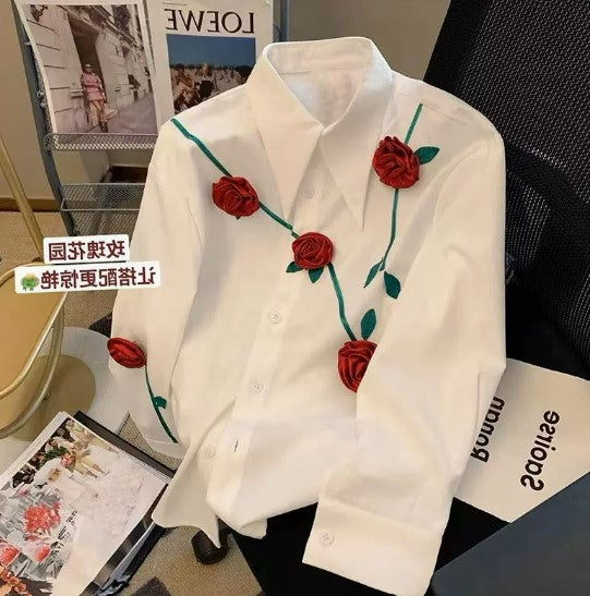 White three-dimensional rose flower shirt women's high-end design sense niche spring and autumn loose fashion temperament long-sleeved top