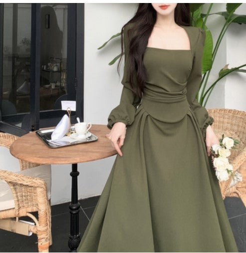 Large size spring and autumn French style cover belly Hepburn style long-sleeved dress fat MM waist slim temperament tea break long skirt